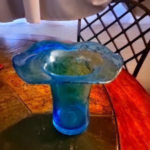 Vintage Blue art glass. Hand blown bubble glass. 5.5" tall, heavy. 3" base. Ruff